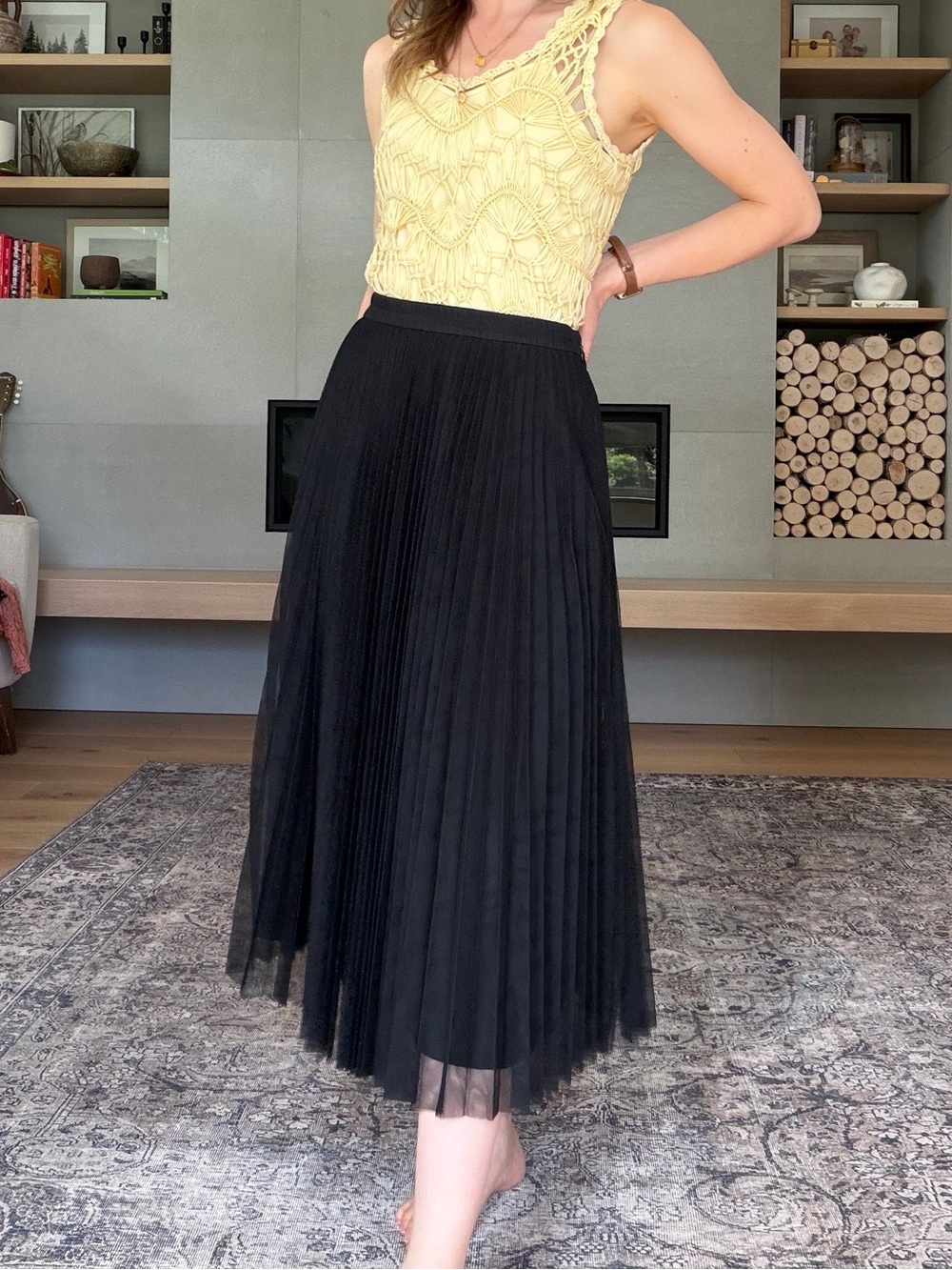 Pink Tartan Black mesh Pleated Midi Skirt 8 medium